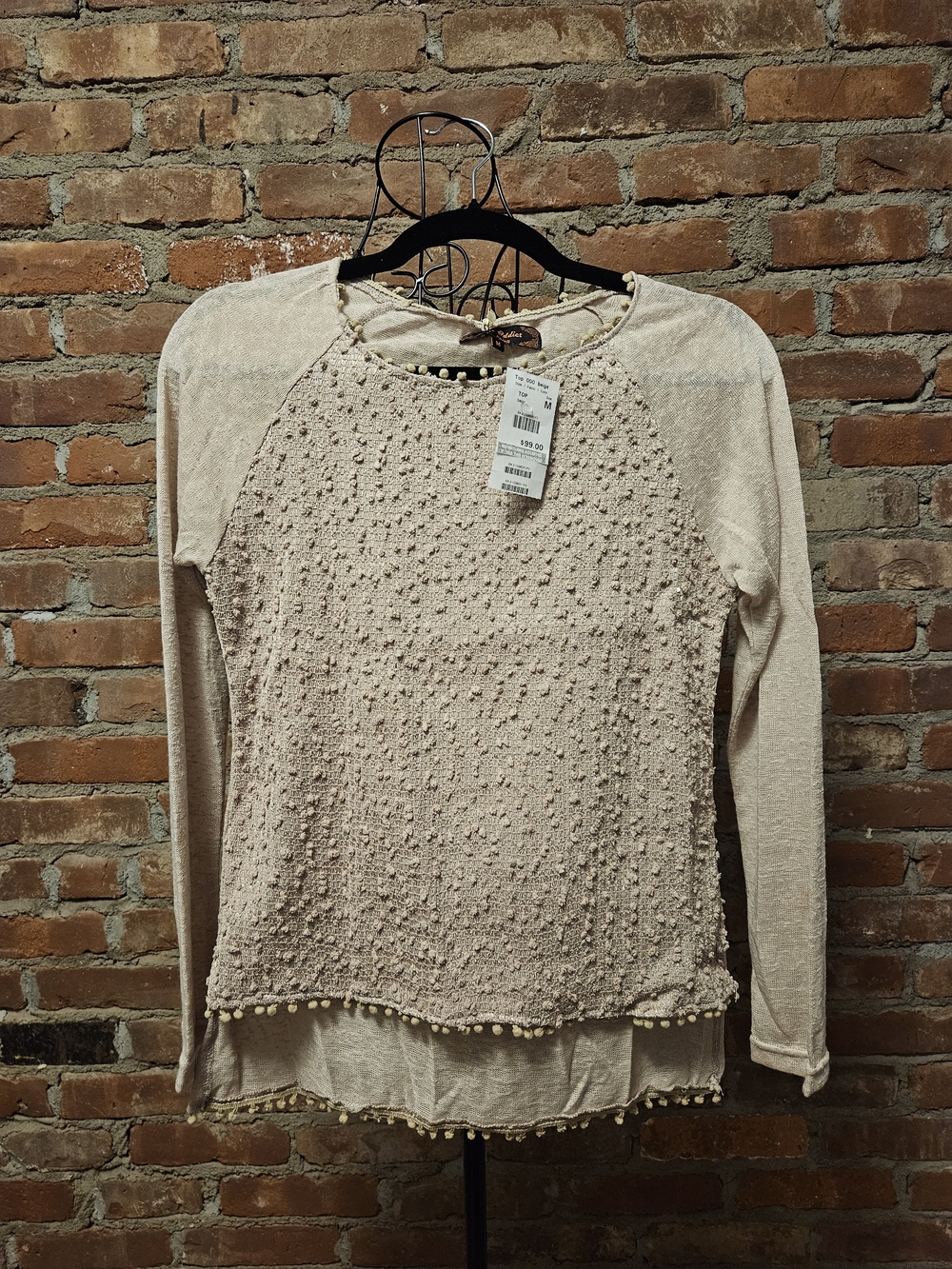 Just Addict Paris Women’s Cream Textured Layered Top  Pom Pom Hem NWT MSRP $99